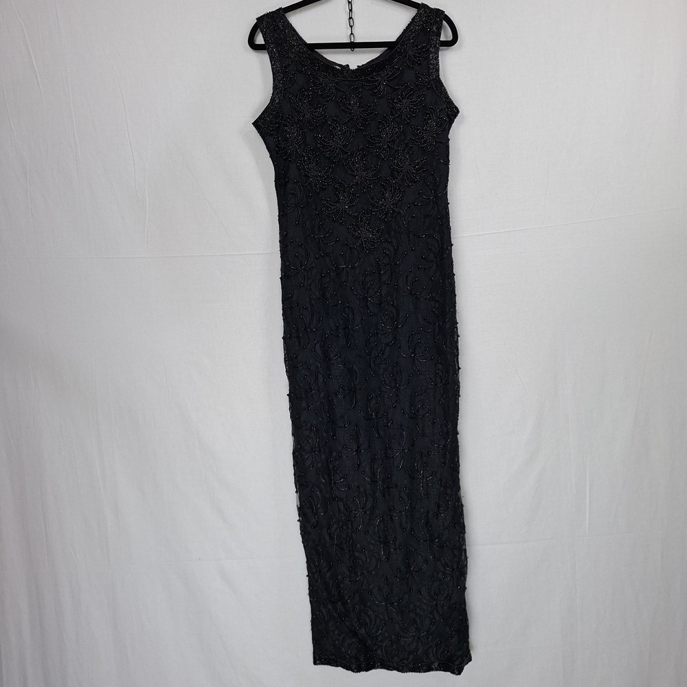 Vintage Beaded Lace Mesh Maxi Dress Women's M Black Evening Bodycon Event Prom